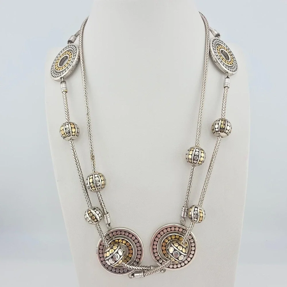 BRIGHTON Temple Long Necklace Bolinese Dots Wheat Chain Silver & Gold Plate 40